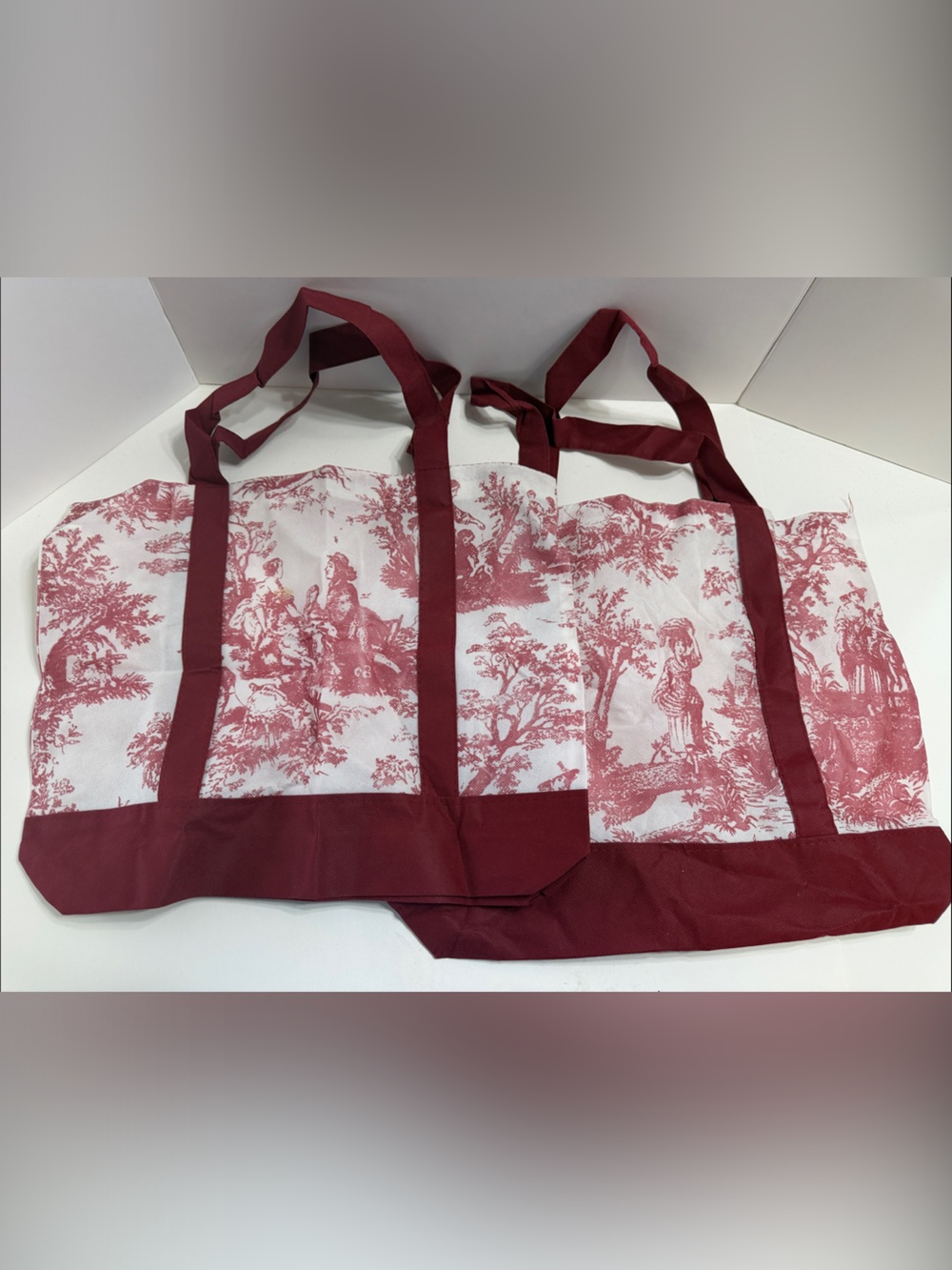 Classic Red Toile Canvas Tote with Contrasting Straps set of 2